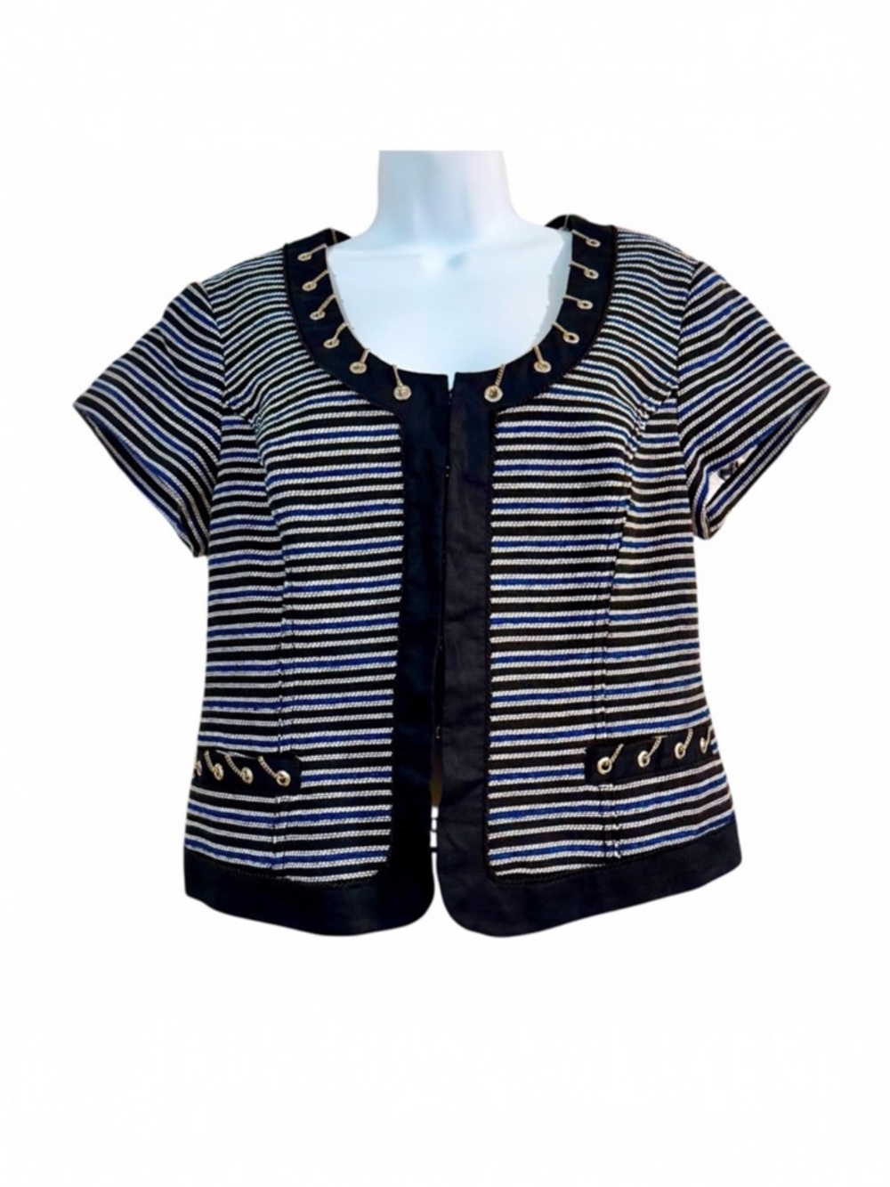WHITE HOUSE BLACK MARKET Black White Striped Short Sleeve Blazer Jacket Size 10
